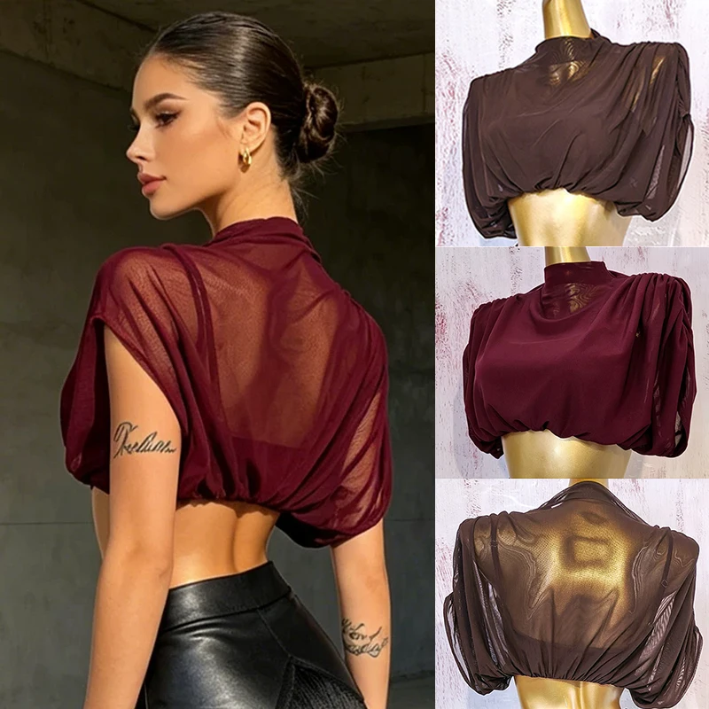 

2026 New Latin Dancewear Top Women Brown Mesh Tops Cha Cha Rumba Dancing Practice Clothes Adult Dancer Training Outfit VDL5513