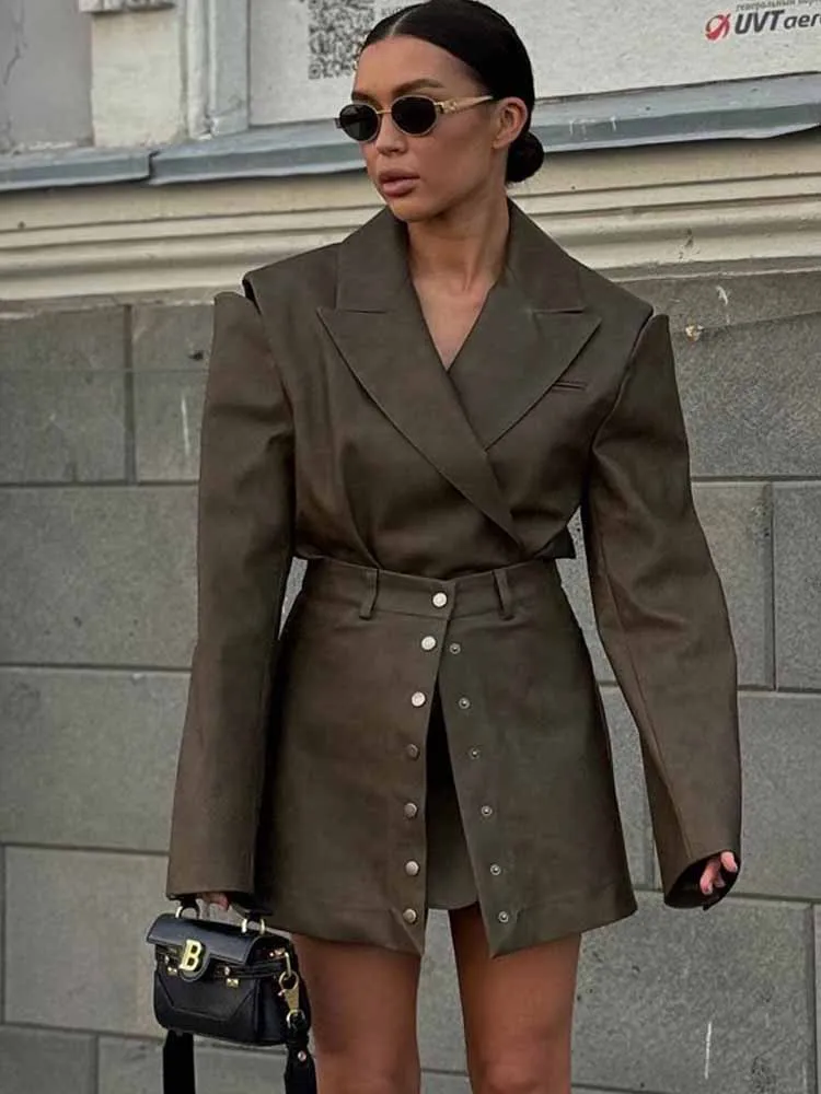 BKQU PU Leather Women Blazer Skirt Suits Fashion Long Sleeve Hollow Out Lapel Coat Button High Waist Mini Skirt 2 Pieces Outfits