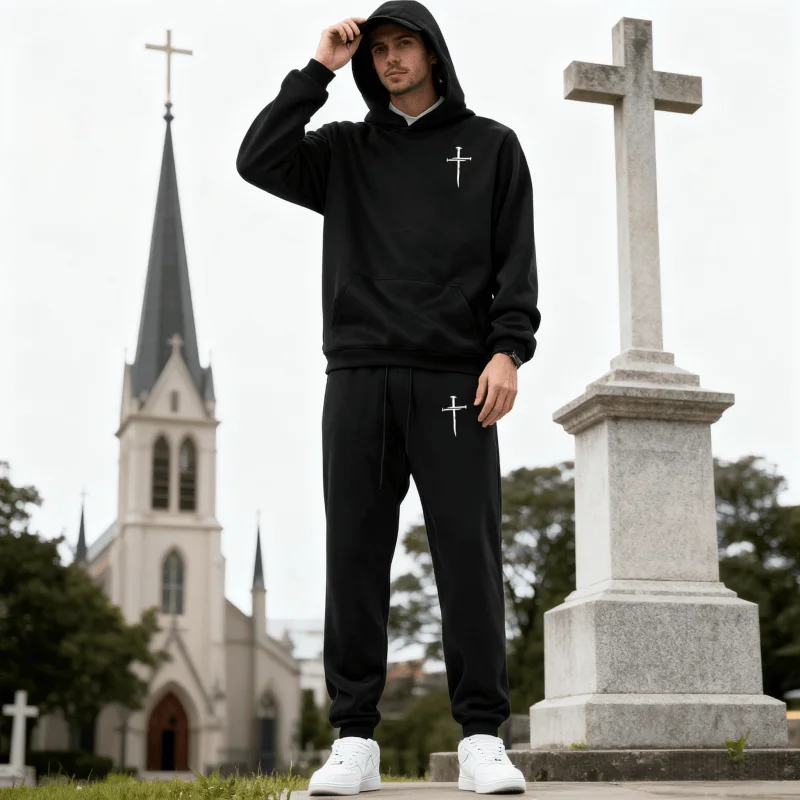 

2025 Men's Autumn Winter Fleece Sportswear Set – Hoodie & Casual Pants, Two-Piece Jogging Loose Set with Cross Print Fashion