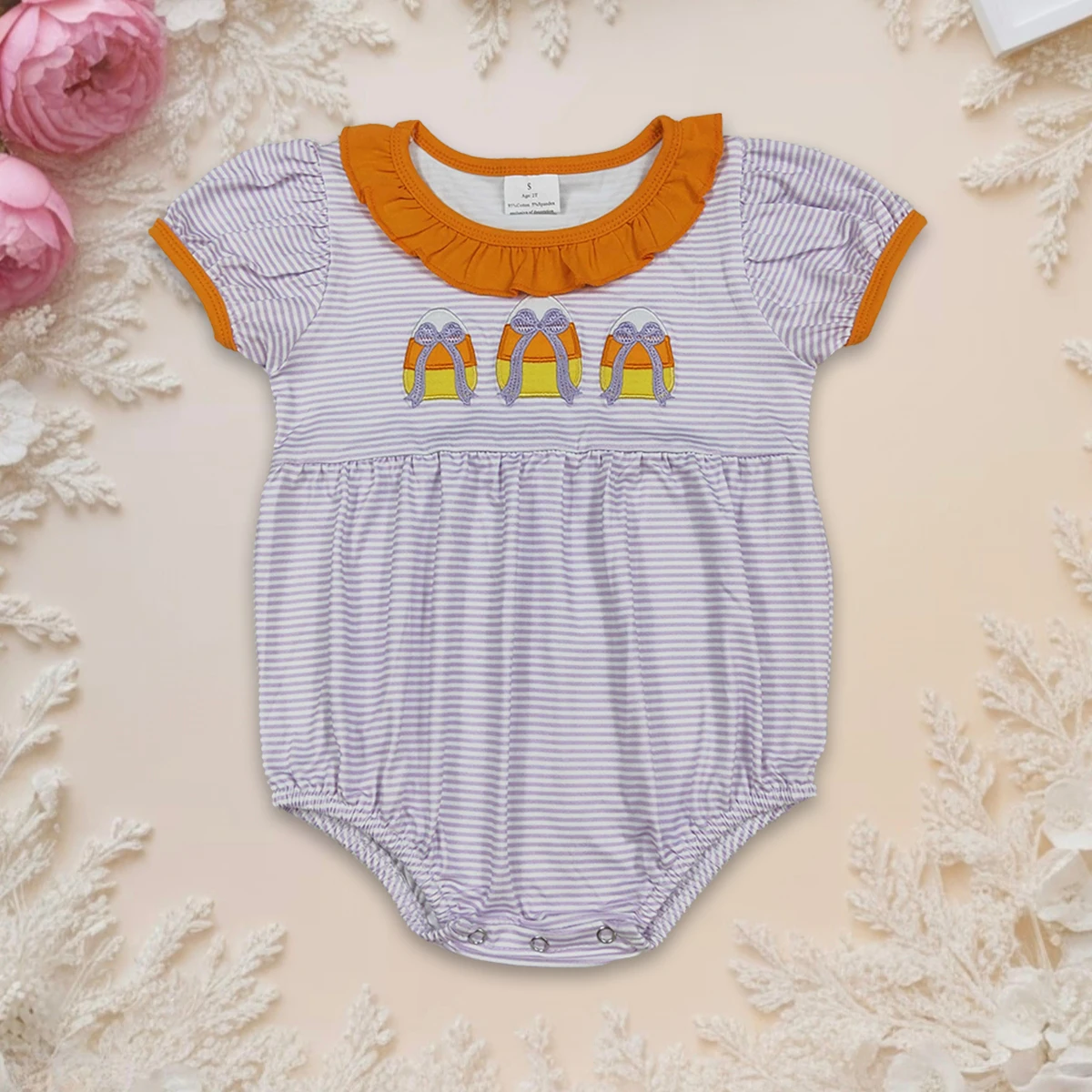 

Newborn Bodysuit Baby Girl Rompers Fall Lavender Stripe Bows Candy Embroidery Halloween Romper Toddler Children Clothing 0-2year