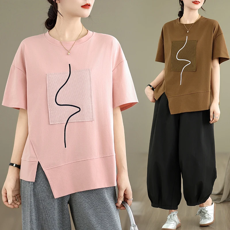 

Новая летняя повседневная хлопковая футболка больших размеров, свободная посадка, универсальная, уменьшающая возраст, дизайн Sense, большие размеры, женские...