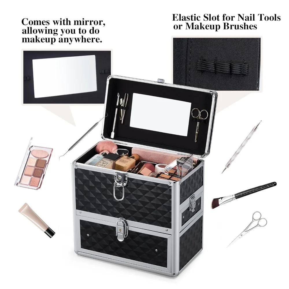 Lockable Nail Polish Organizer Case with Mirror, Drawers & 28 Slots - Portable Makeup Storage Box