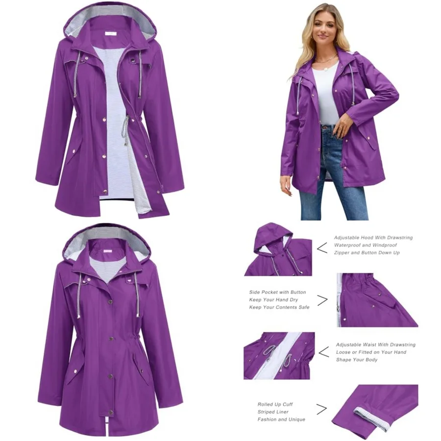 

Hount Women Rain Jacket Lightweight Waterproof Raincoat Lined Outdoor Hooded Windbreaker Trench Coat