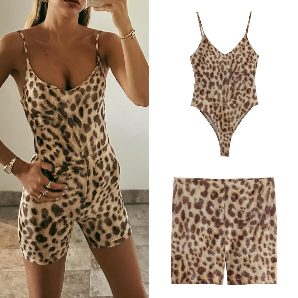  Leopard Print One-piece Swimsuit Shorts Set Printed Sleeveless Women's Backless One-piece Retro Tight Beach 2024 Summer