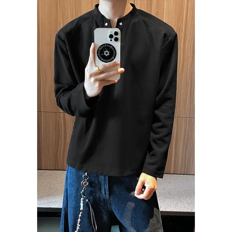 Men Henry Collar Long Sleeve T Shirt Rivet Decor V Neck Simple Temperament Casual Top Spring Autumn