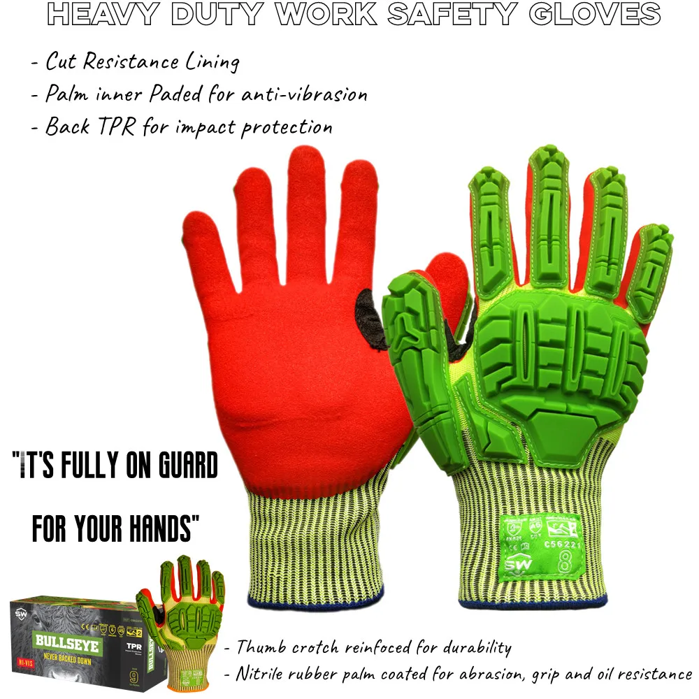 Heavy Duty Work Safety Glove, TPR Impact Resistance, Cut Resistance, Palm Pad Anti-vib, Hi-Viz Color, Abrasion, Grip Work Gear