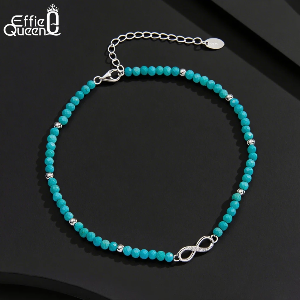

Изящный браслет Effie Queen из стерлингового серебра 925 пробы с натуральной бирюзой и цирконием, цепочка на бесконечном стиле, летний пляжный подарок SA87