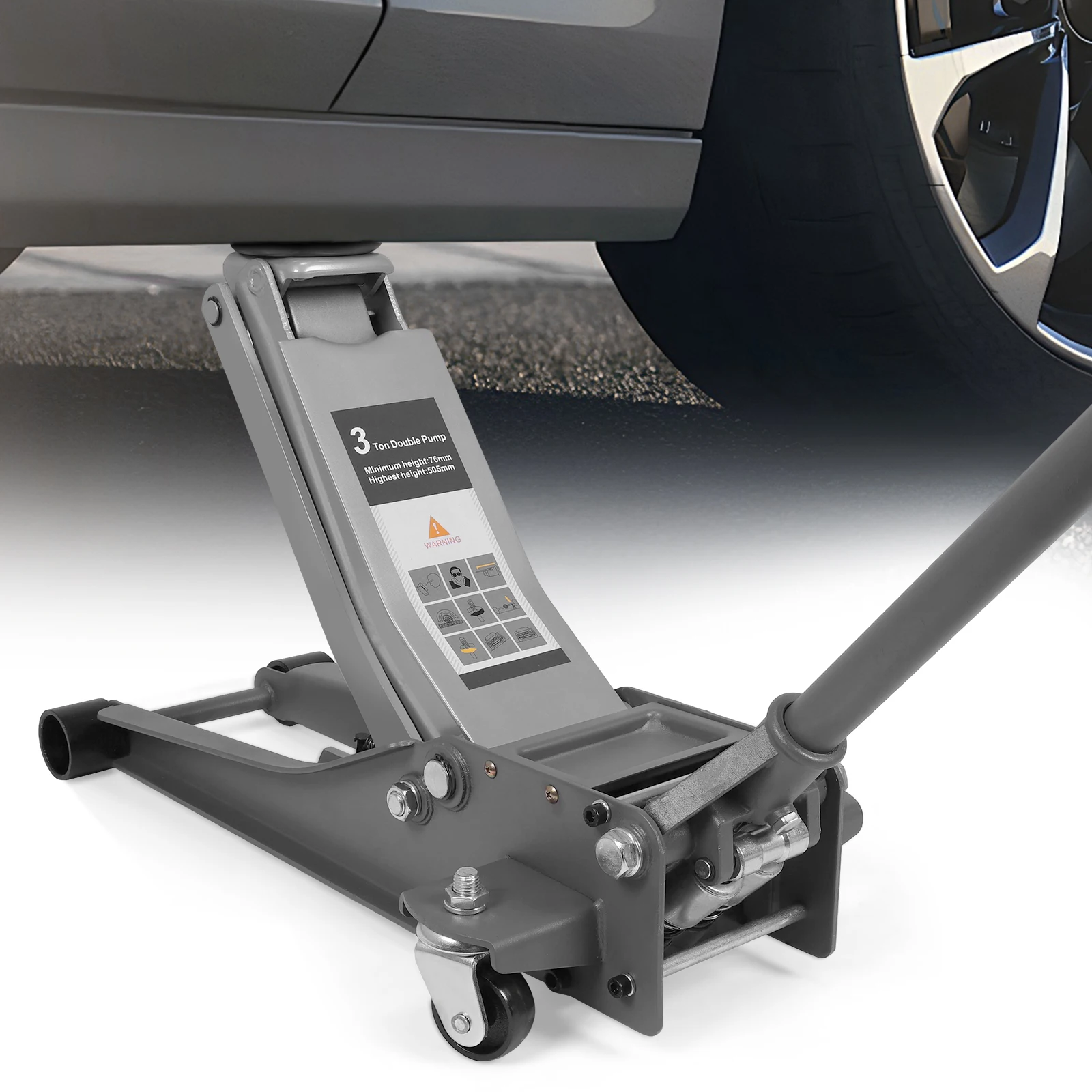 

3T Dual Pumps Hydraulic Lift with Big Wheels Tire Changing Hydraulic Jack Rust Proof For Small Cars & Trucks