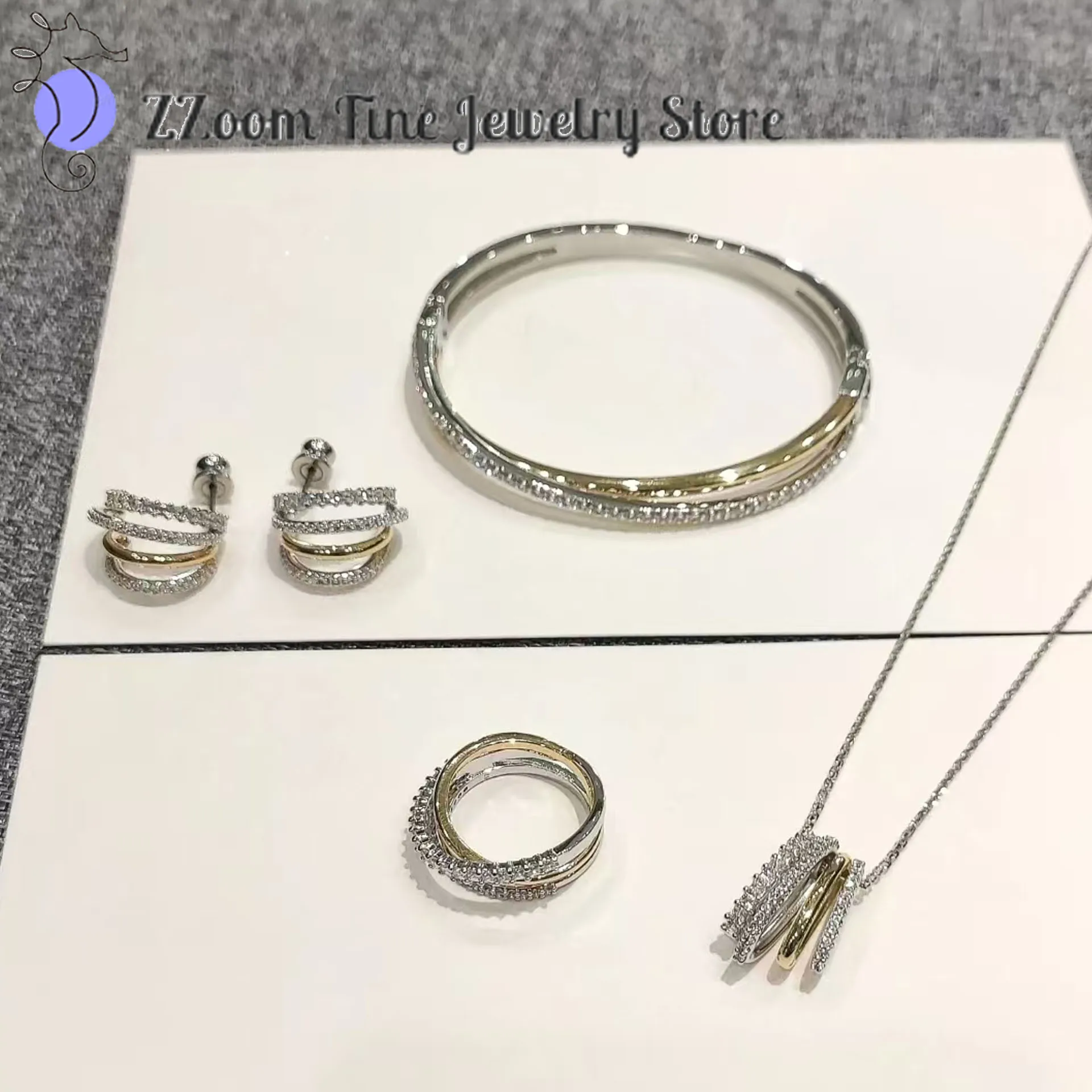 Original New High Quality Jewelry Spiral Shape Necklace Track Setting and Prong Setting Earrings Decoration Clear Shiny Gift