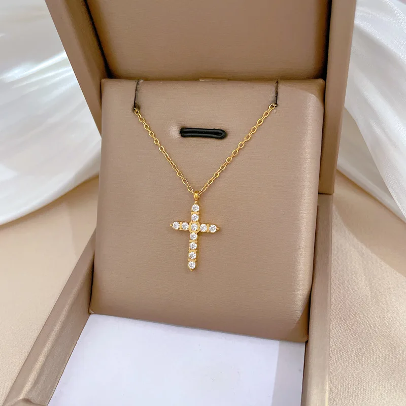 

18K Gold Plated Cross Pendant Neckale For Women Full Zircon Titanium Steel Necklace Gold Color Christianity Jewelry