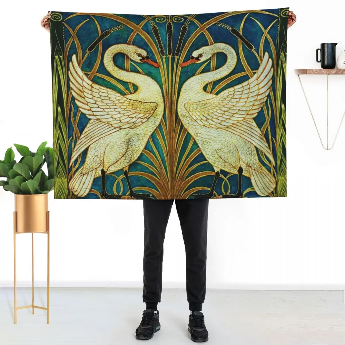 

TWO WHITE SWANS AMONG REEDS IN BLUE Art Nouveau Animals Throw Blanket Versatile Cozy Throw Blanket for All Occasions