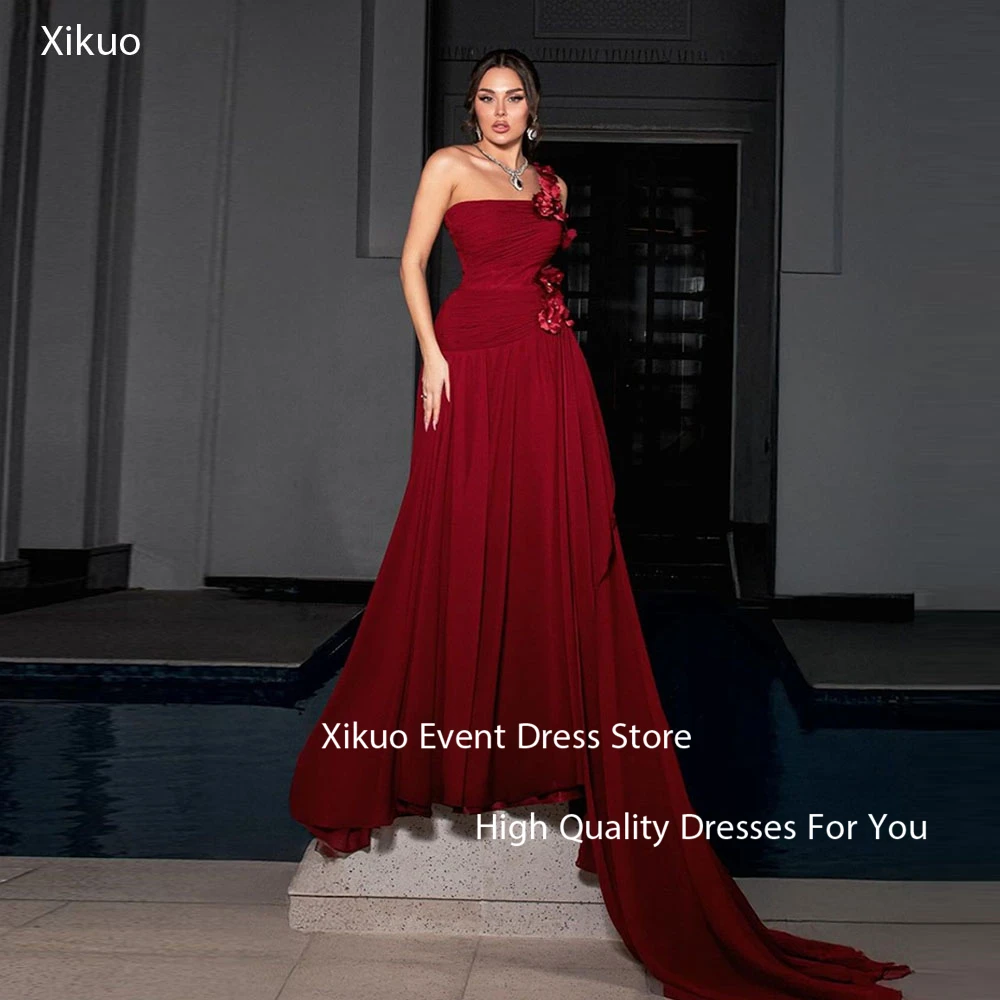 

Xikuo Graceful Satin Evening Gown One Shoulder 3D Flowers Party Prom Gown Sleeveless A Line Pleated Celebrity Dress Customized