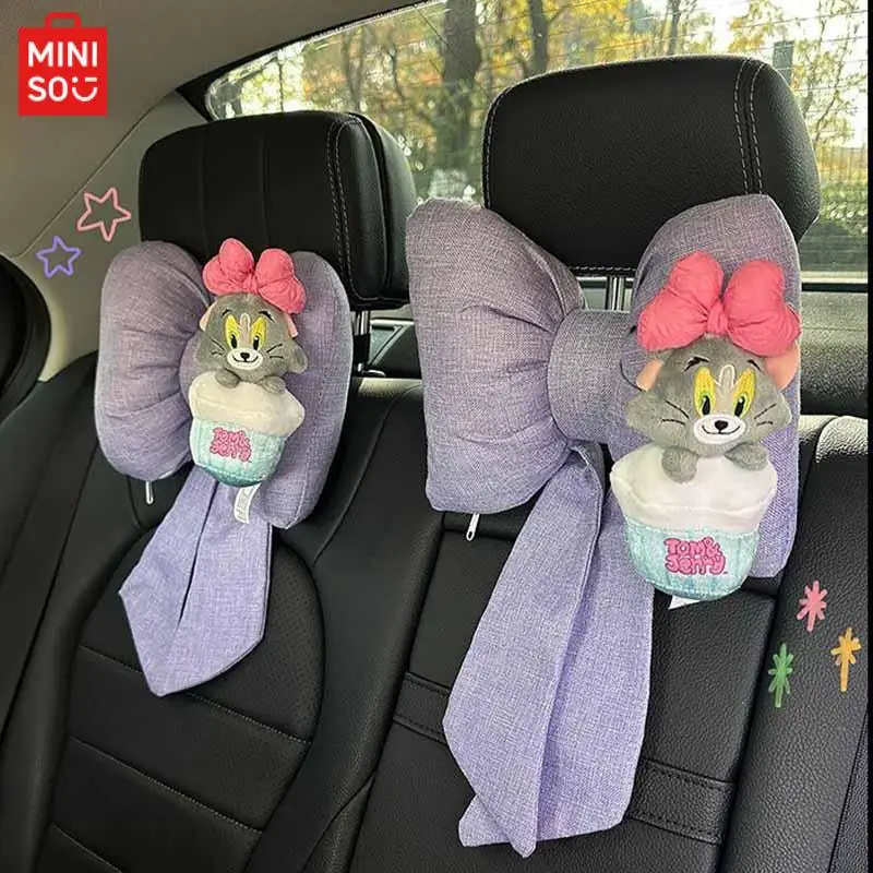 Miniso Kawaii decoración para reposacabezas de coche, Tom y Jerry, dibujos animados de Anime, lindo Lazo, almohada para el cuello, Gato y ratón, accesorios para coche, regalos para niñas