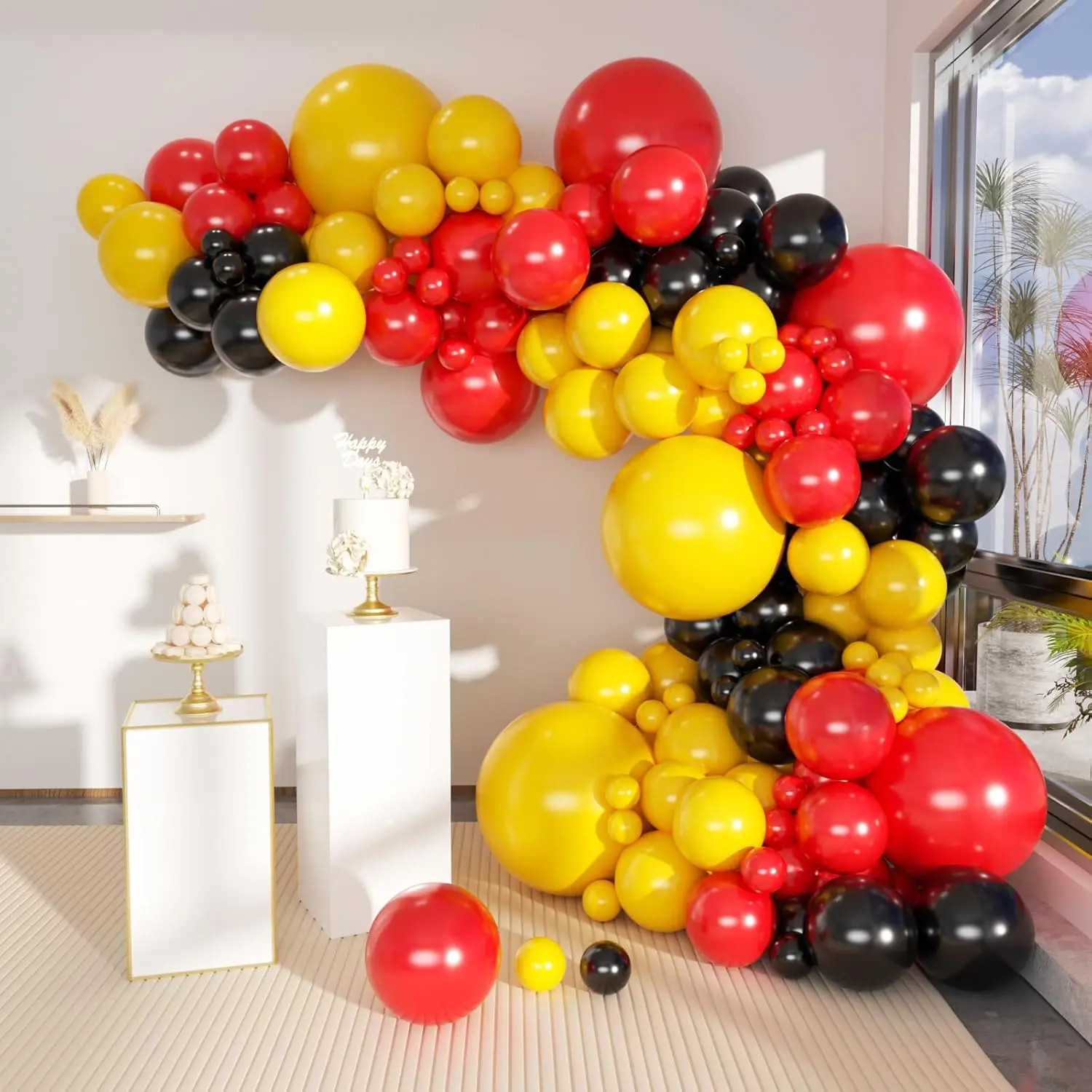 Kit de Arco de Globos Rojos, Amarillos y Negros de 104 Piezas, Globos de Látex Mate para Decoración de Fondo de Fiesta de Cumpleaños, Baby Shower, Boda