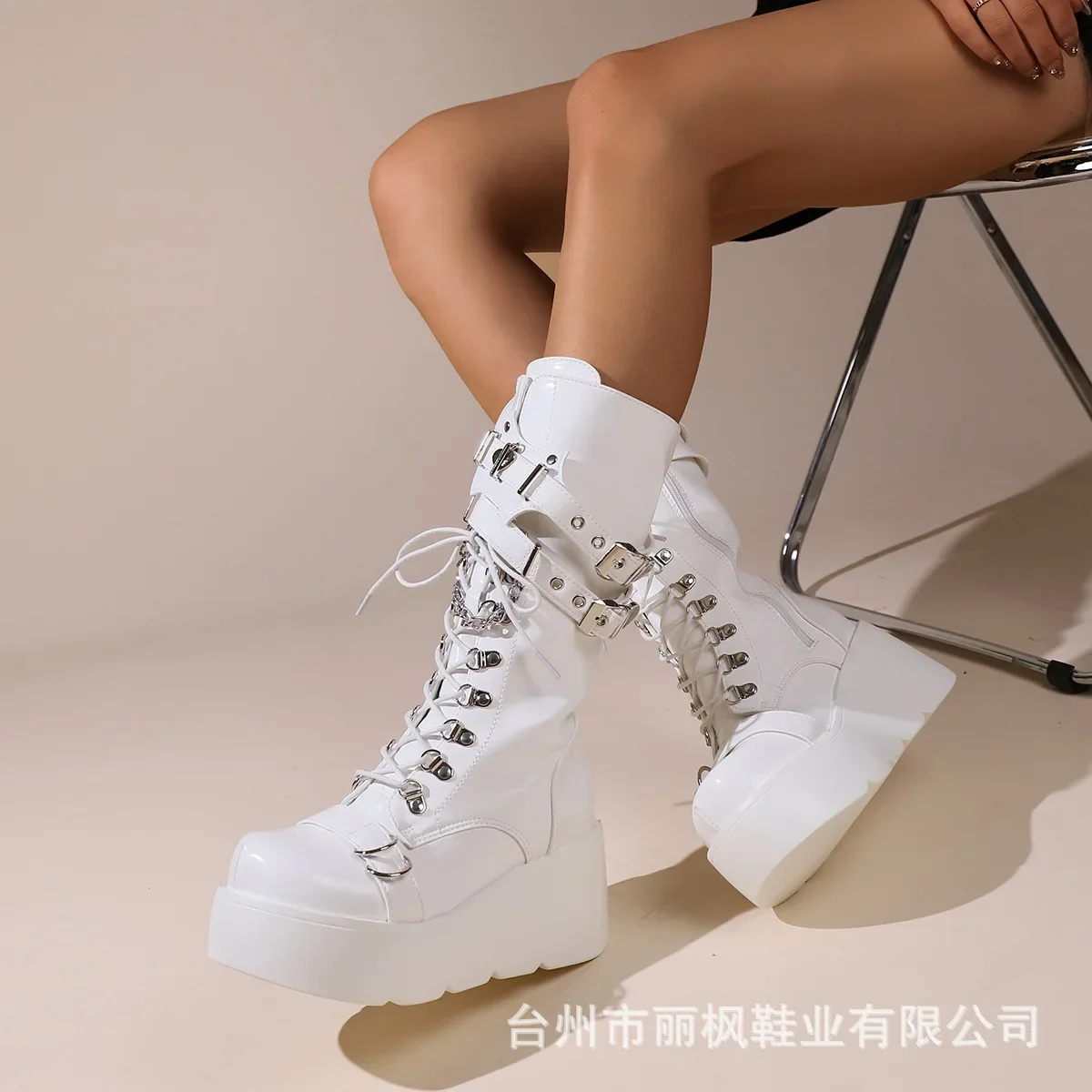 Platform Boots Riveted Buckle Wedges High Women's Boots Punk Spice Chic Biker Rider Boots