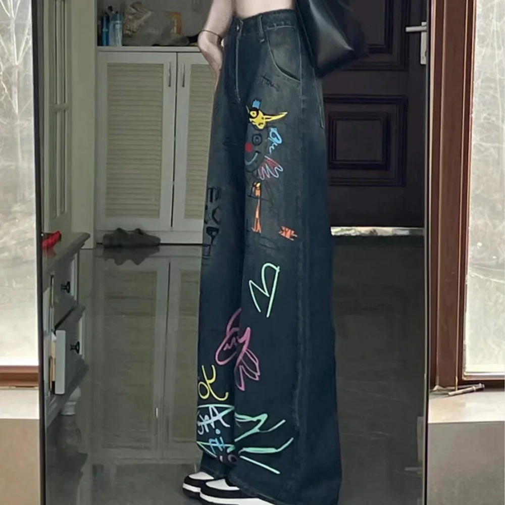 

Women's Blue Y2k Jeans Harajuku Graphic Print High Waist Denim Trouser Korean Jean Pants Vintage Trashy Clothes