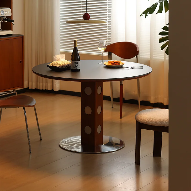 Round table retro metal legs solid wood rock slab dining table