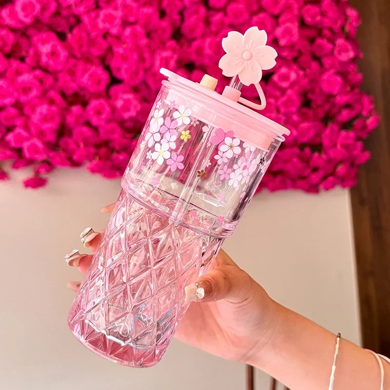 Reusable Drink Cup Party Cups with Straw Lid Cute Cherry Blossom Glass Tumblers for Cold Drinks Home Office Outdoor Summer Gift view 5
