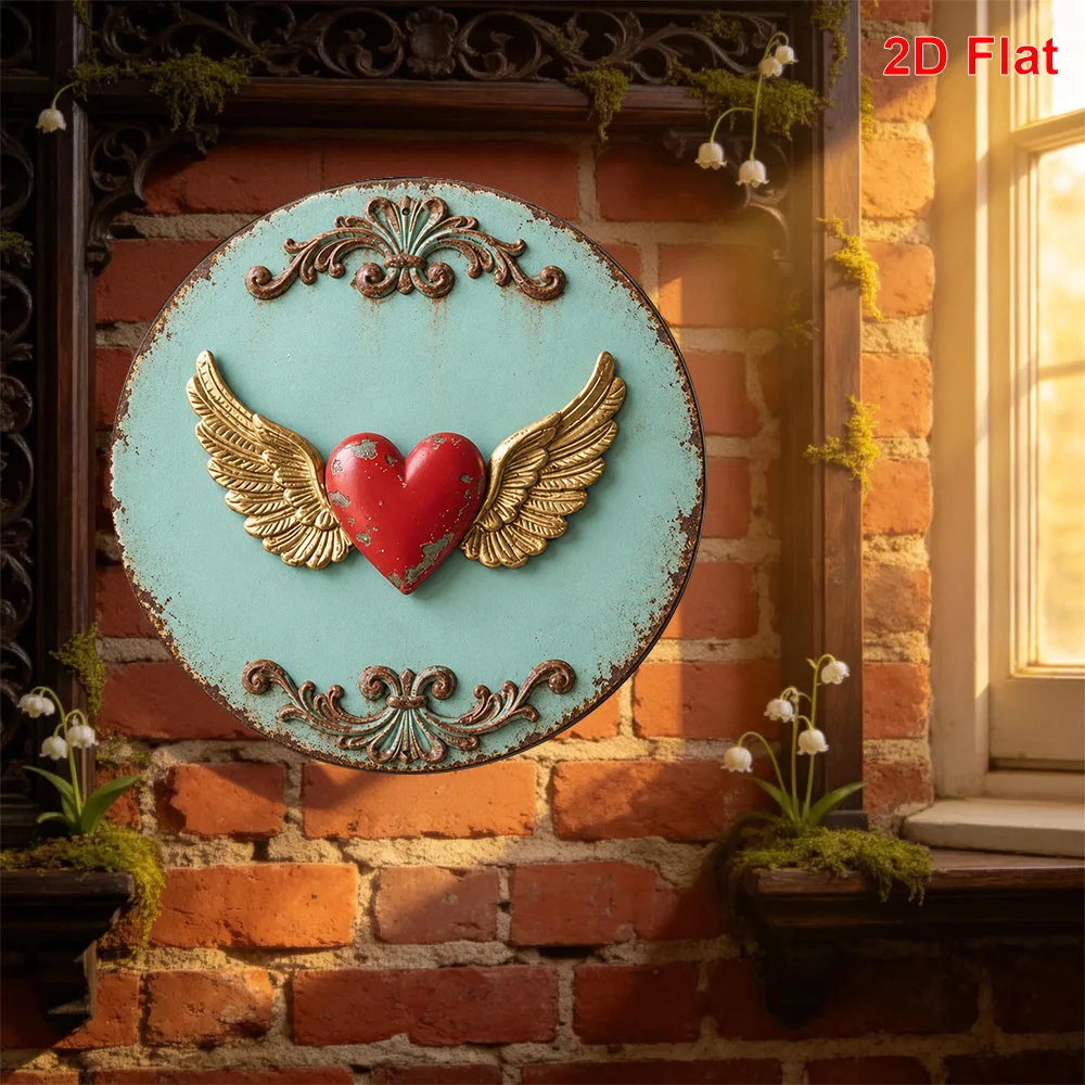 2D Flat Metal Aluminum Skin Sign with a Flying Wing Red Heart Pattern, Round Decorative Painting, Size (7.87 Inches X 7.87 Inche