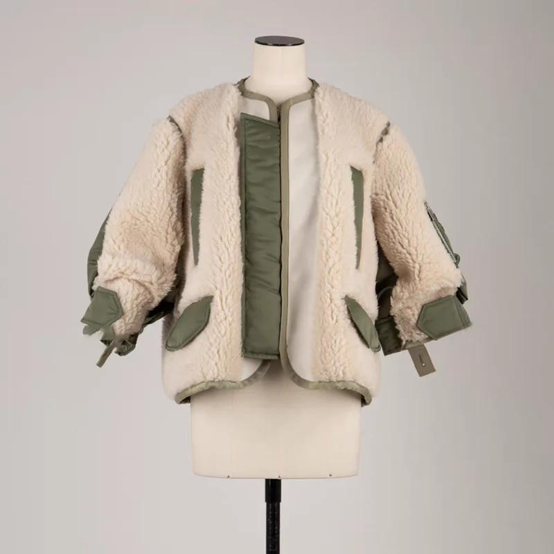 SAC Japanese splicing contrasting lamb wool loose casual jacket