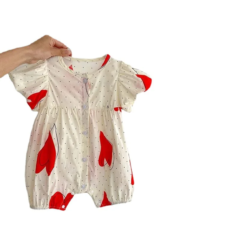 Summer Red Love Newborn Kid Girls Short Sleeve  Print Dot Cotton Clothing Bodysuits or Romper Infant Baby Cute Gift Headband