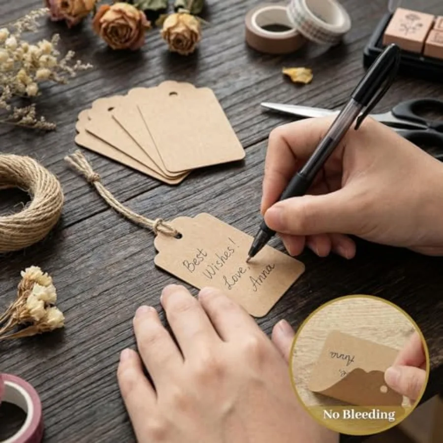 Kraft Gift Tags with String, 200 Pack 1.6 X 2.8 inch Water Ripple Edge, Natural Jute String, Pre-Punched Design, Clothing Label