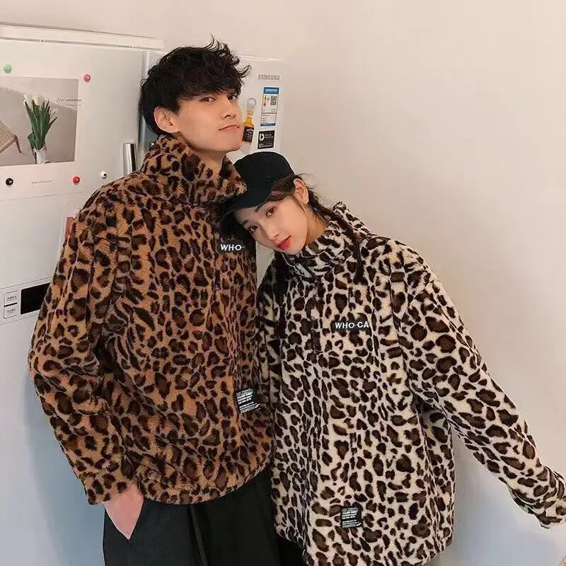 Kurtka polarowa w panterkę dla kobiet i mężczyzn, modna jesienno-zimowa kurtka z kapturem na zamek błyskawiczny, luźna, bawełniana, wiatroodporna.