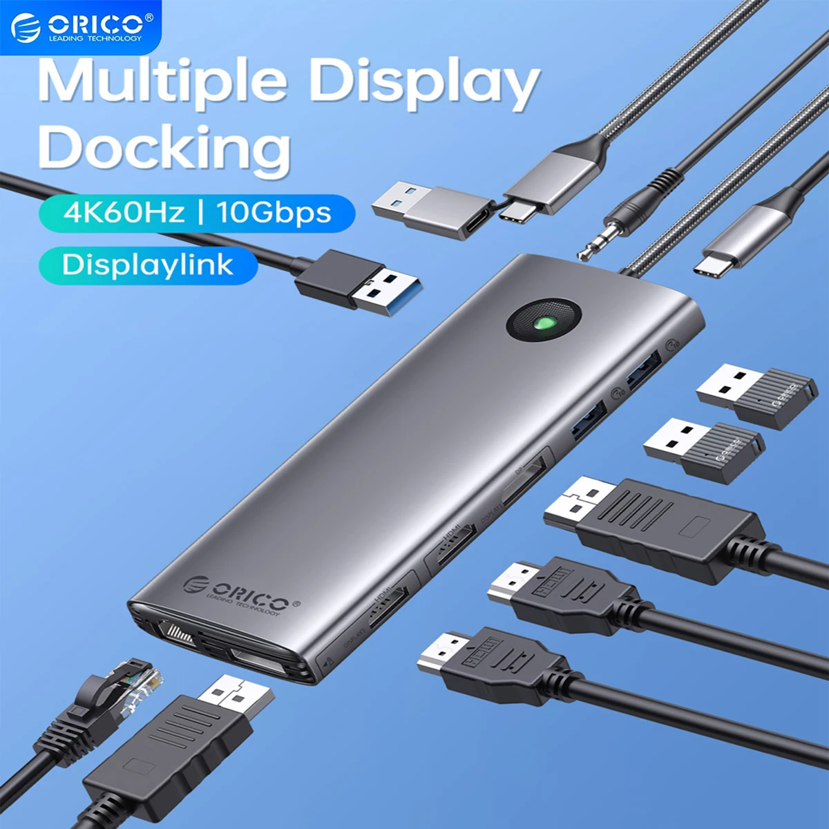 

ORICO Type C Displaylink Docking Station Dual 4K60Hz HDMI-com 10Gbps USB HUB PD100W RJ45 3.5mm Adapter for Windows/Mac OS/Linux