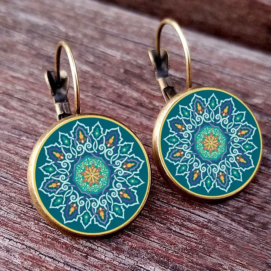 Ancient pattern grotto art glass dome round pendant earrings for women, mysterious vintage pattern earrings for women\'s gifts