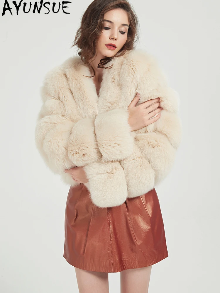 Płaszcz damski z naturalnego futra lisa AYUNSUE, cały z futra lisa, zimowe ciepłe płaszcze damskie z prawdziwego futra, nowość w kategorii płaszczy, krótki fason, Casaco Feminino
