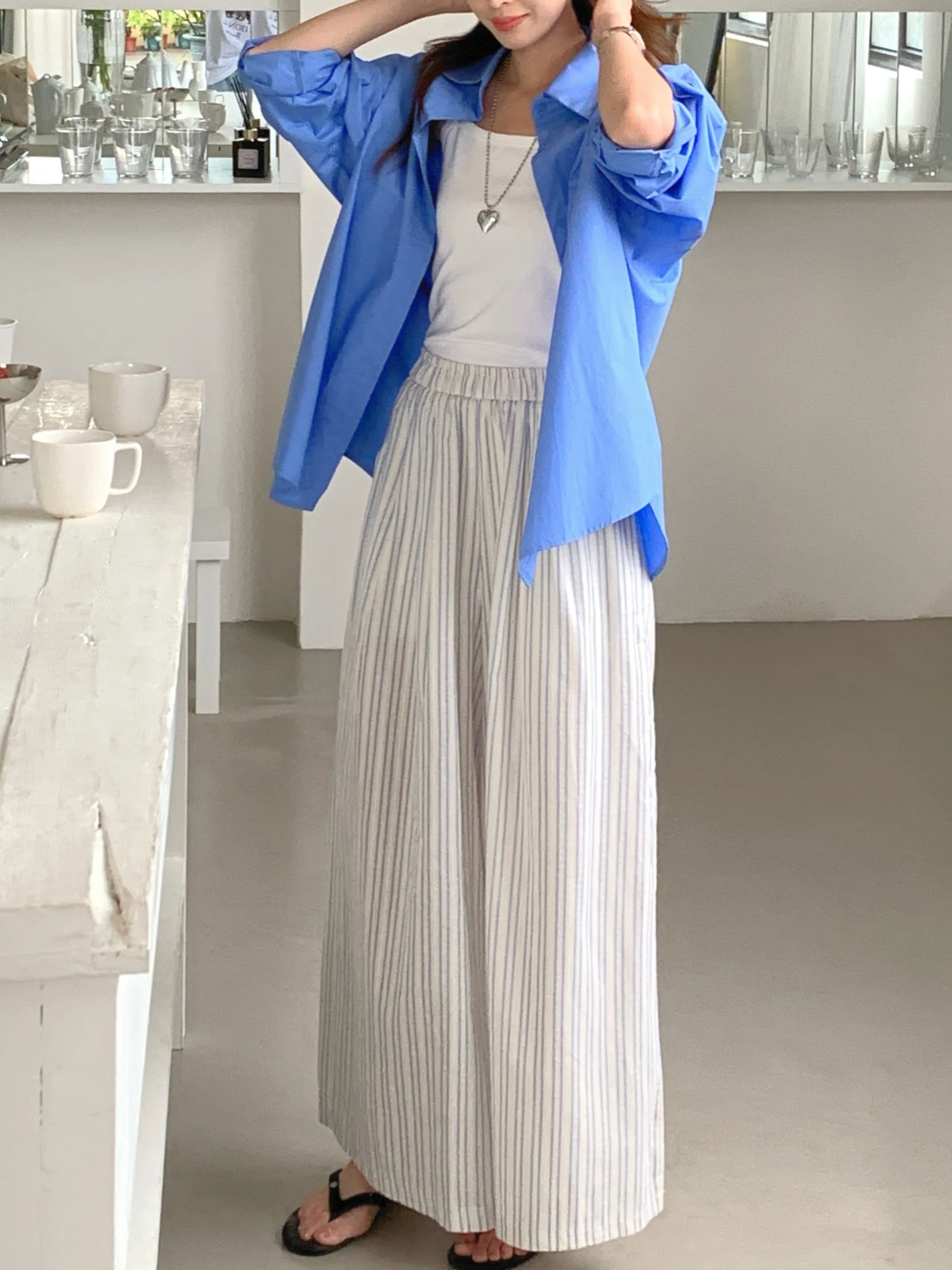 Calças de Cintura Alta tradas de Perna Larga Fenas Casuais Corte Reto Crimento até o Chão Moda Verão Novo Estilo Co...