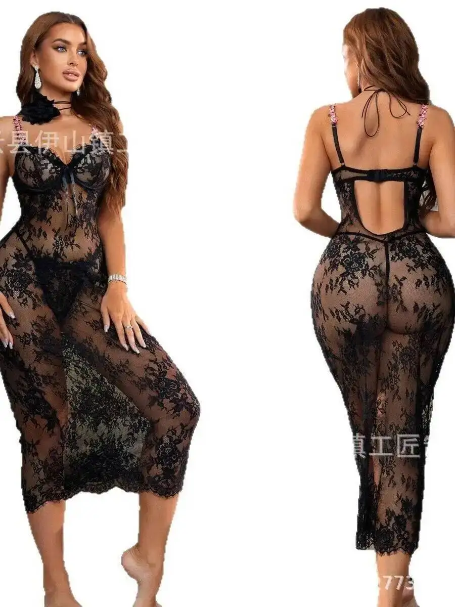 Nuevo vestido largo sin mangas con tirantes en V profundo y espalda descubierta bordado de flores de malla de encaje Sexy para mujer estilo Casual fino puro deseo GUT0