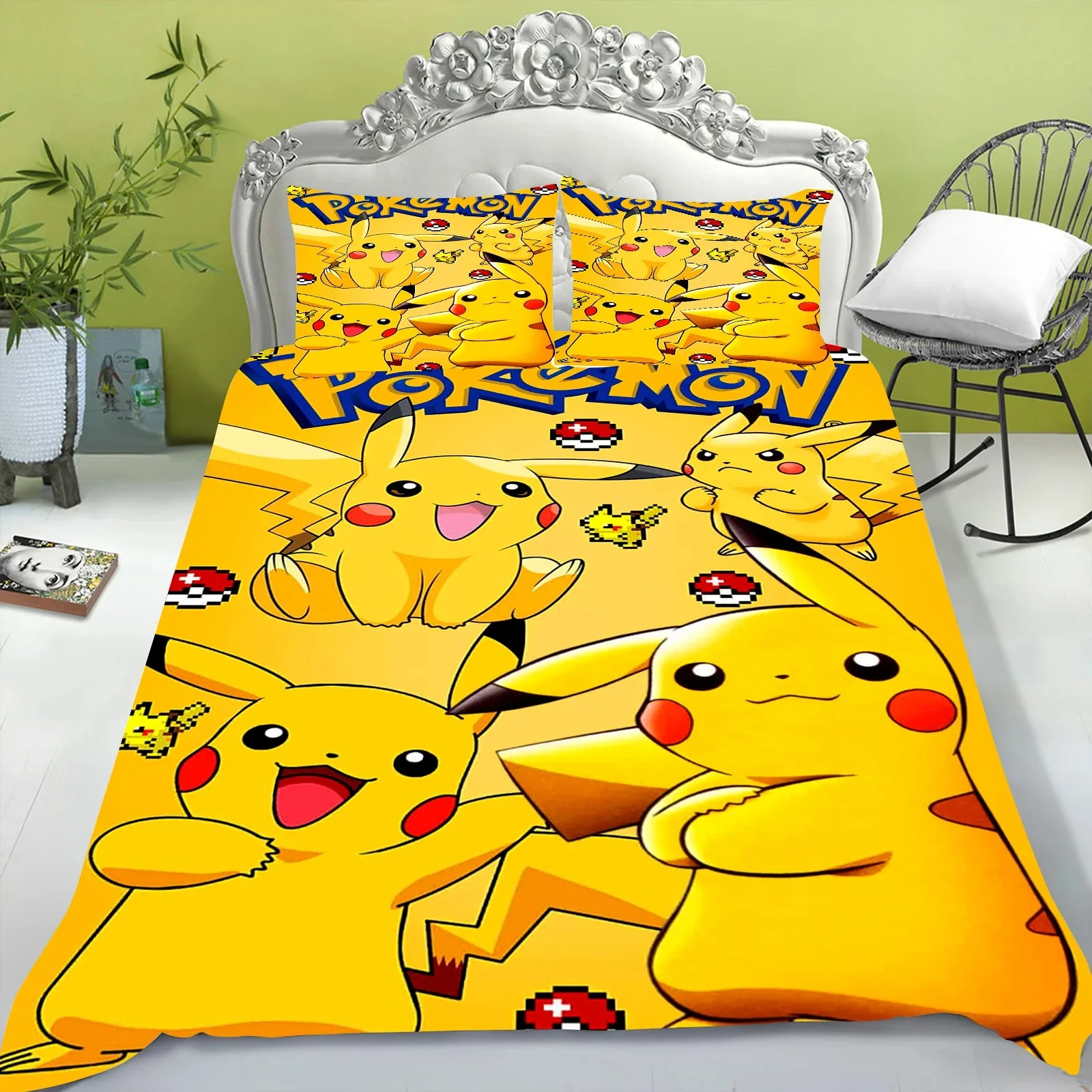 Pikachu 2/ 3 pieces cartoon mat sheet cute print mattress topper set bed sheet with pillowcase, home bedroom decoration 90x200cm