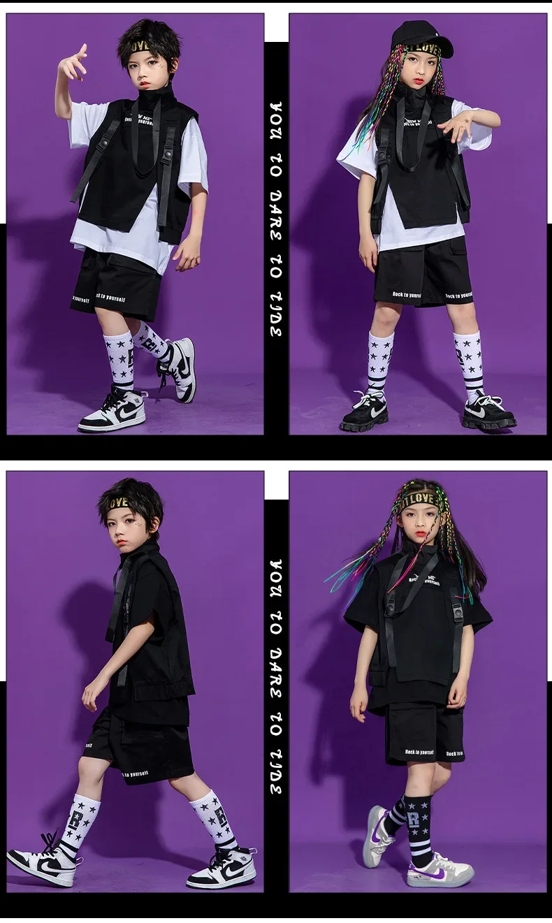 Kinder Hip-Hop-Kleidung, ärmelloses Jackenoberteil, T-Shirt, Streetwear, taktische Cargo-Jogginghose für Mädchen und Jungen, Tanzkostüm, Kleidung. – Detail 3
