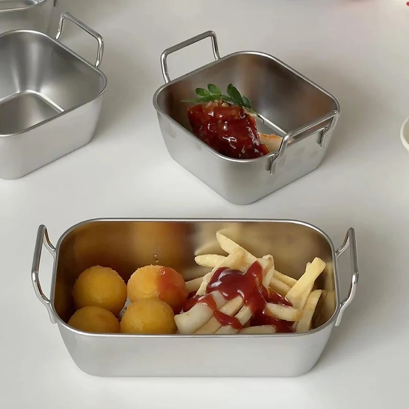 Korean Style Stainless Steel Binaural Snack Plate Fried Chicken Fries Tray Simple Fruit Salad Plate Tableware