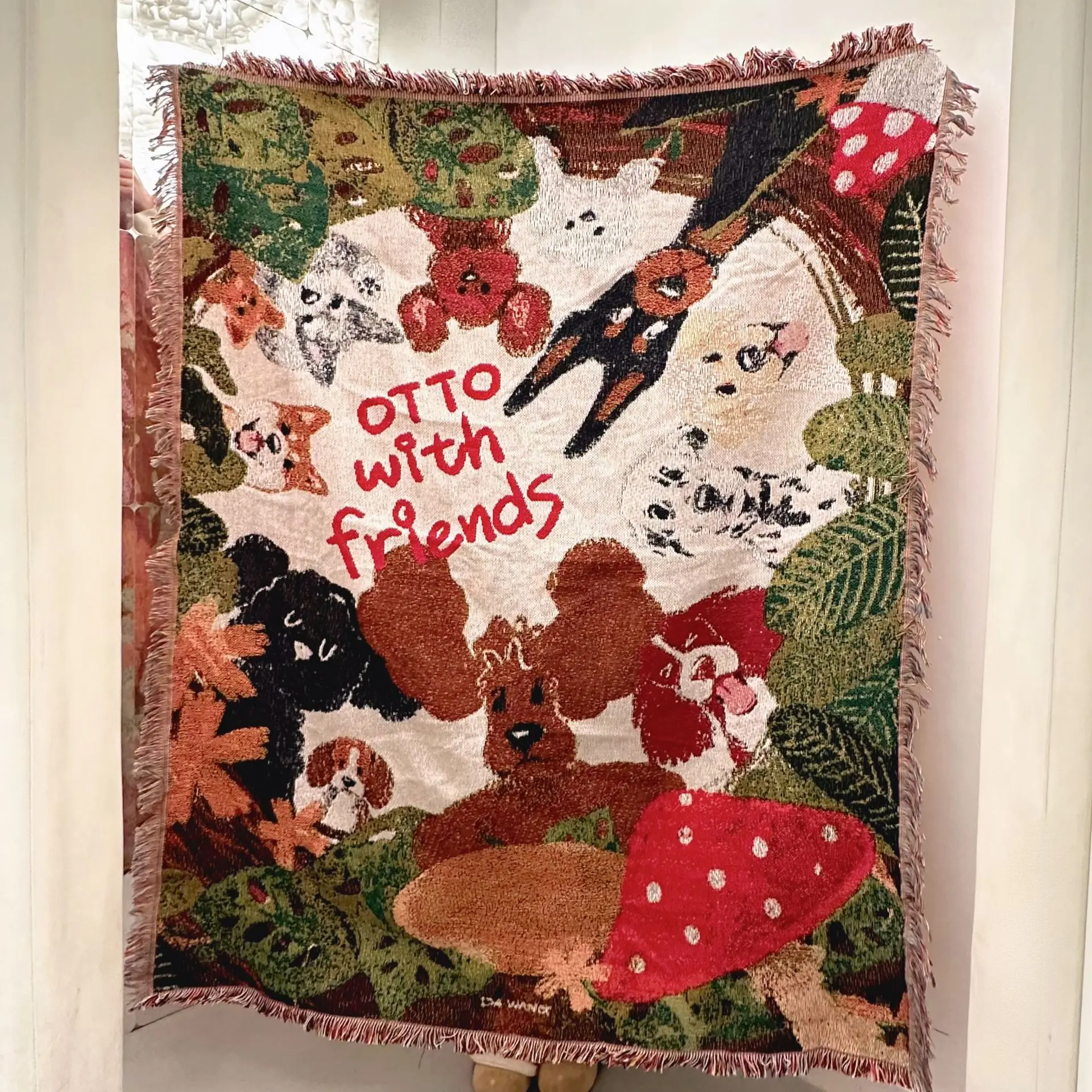 Home Textile Cure Dog Little Red Book DIY Handmade Medieval Art Tapestry Decorative Painting Sofa Blanket Knitted Cover Blanket