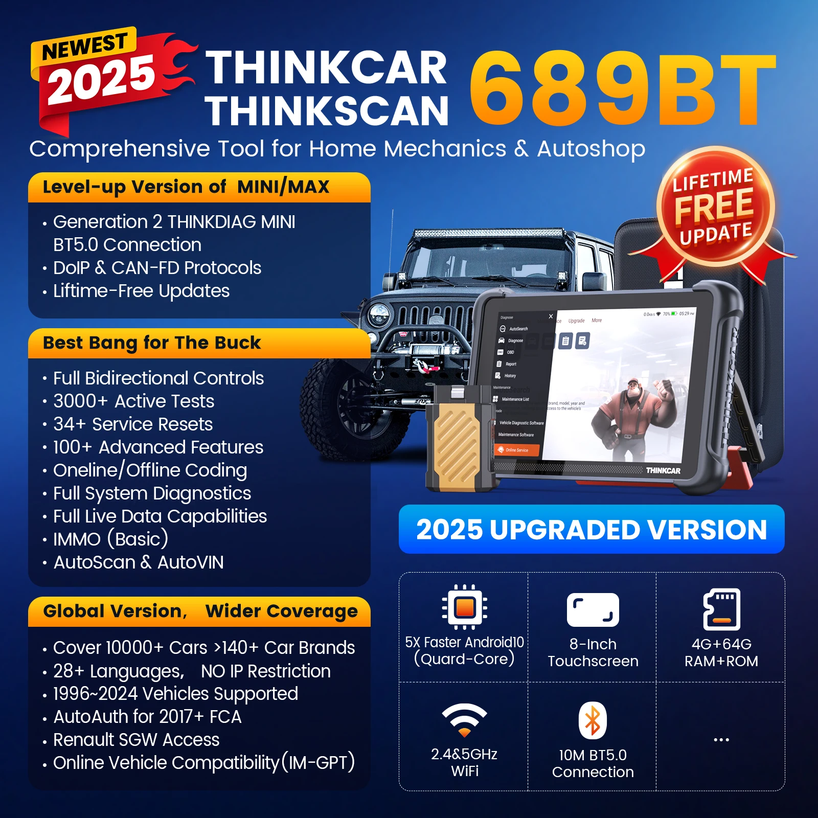 THINKCAR THINKSCAN 689BT Kfz-Diagnosetool, bidirektionaler Obd2-Scanner, ECU-Codierung, CANFD DOIP FCA Autoauth 34, kostenlos zurückgesetzt