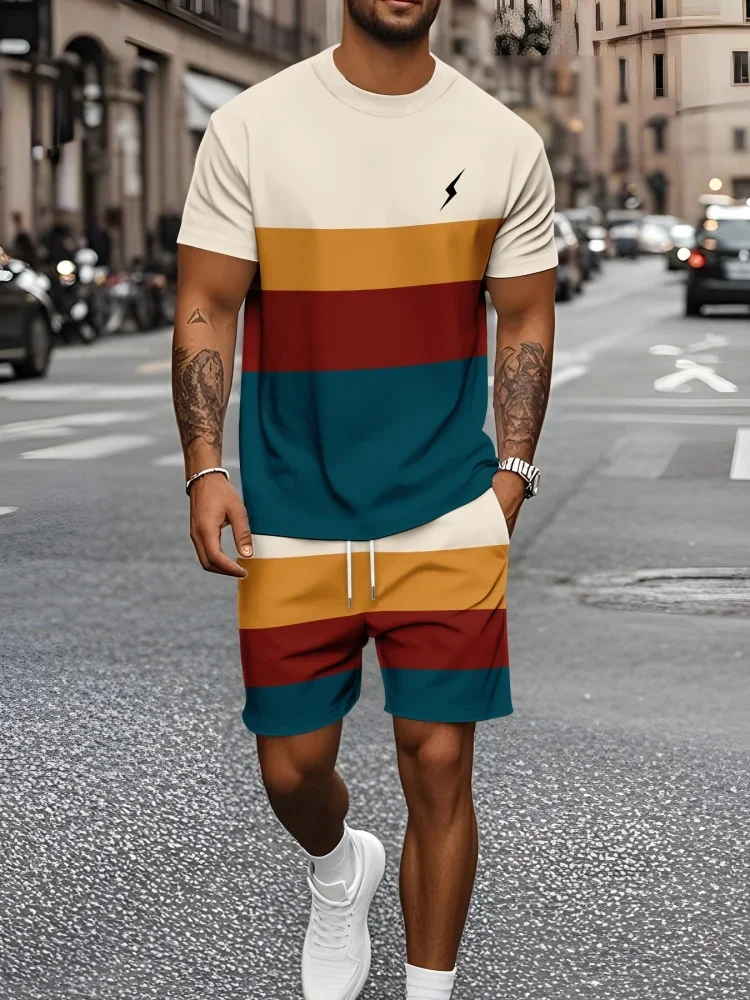 

Summer New Men's Short-Sleeved Shorts Set with 3D Stripes Pattern Print - Street Casual Fashion Comfortable and Soft Men Clothes