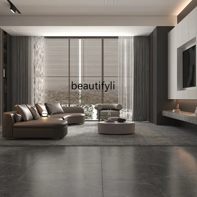 Italian minimalist light luxury special-shaped corner leather sofa designer living room high-end atmospheric retro curved sofa