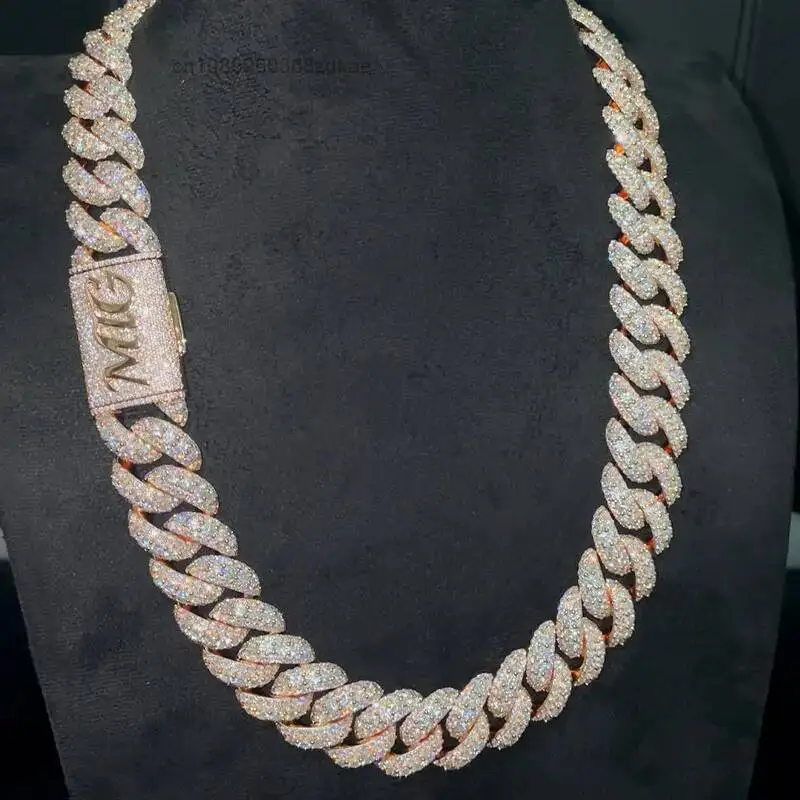 Fashion Ice Vvs Moissanite Custom Chain 925 Sterling Silver 22MM Miami Cuban Link Necklace Rose Gold Tow Tone Custom Name Clasp
