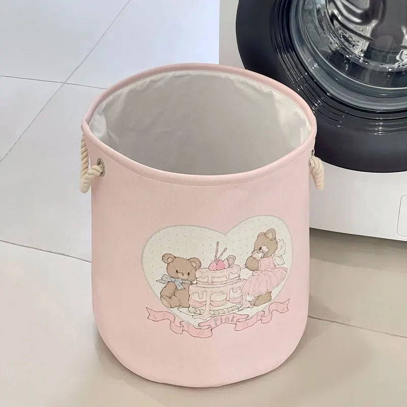 Collapsible Pink Laundry Basket for Baby Girls Round Cartoon Bear Rabbit Nursery Hamper Toys Storage Basket For Bedroom Décor