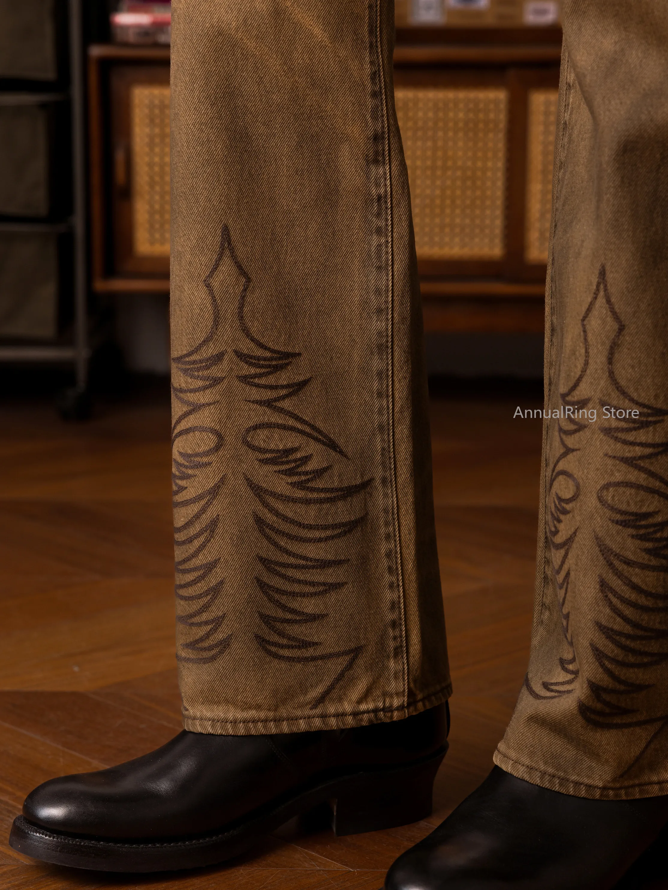 Red Wind Pioneer Yellow Mud Dyed Heavy Wash Jeans, Embroidered Bootcut Pants, American Vintage Distressed Denim Long Trousers