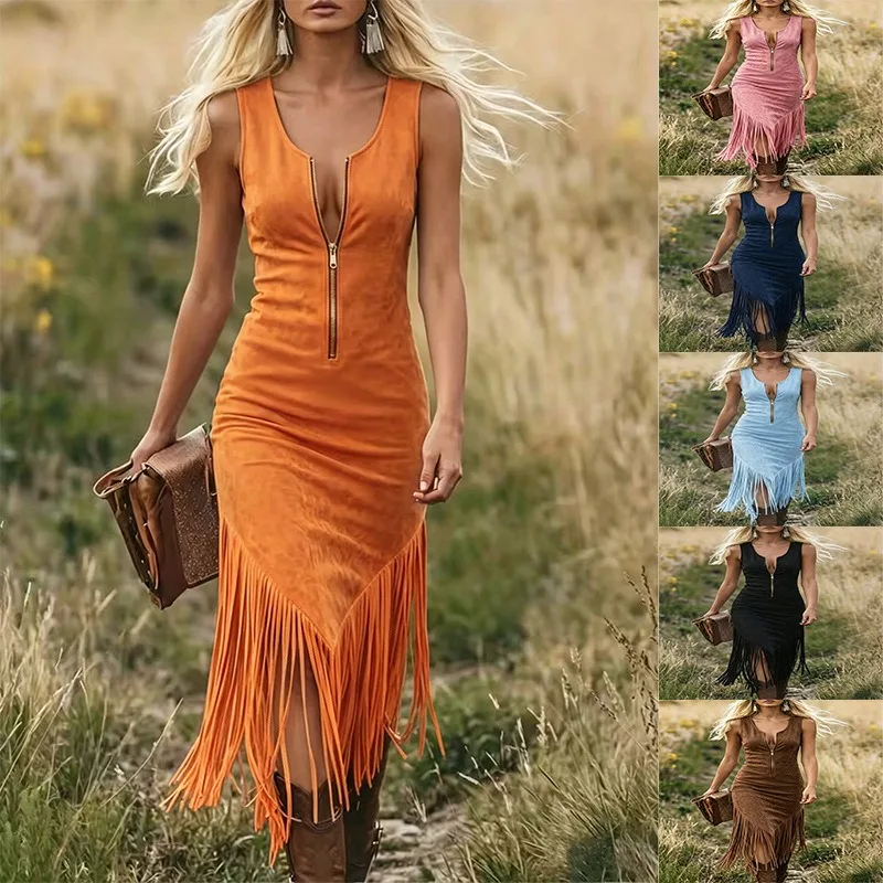 Vestido Vintage Estilo Vaquero Occidental, Corte Entallado, con Flecos en el Bajo, Sin Mangas