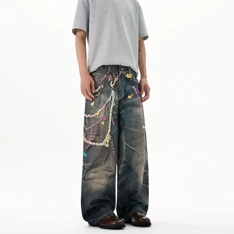 

Men's Floor Mopping Candy Printed Canvas Jeans Versatile Casual Long Pants Couple Digital Loose Wide Leg Straight Leg Pants