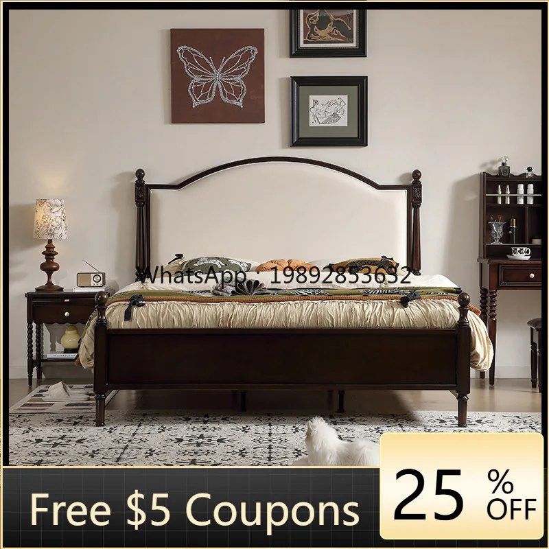 

LYY Retro Wood 1.8m Double Bed Master Bedroom Genuine Leather Soft Backrest Mid-century Style Home Light Luxury Wedding Bed