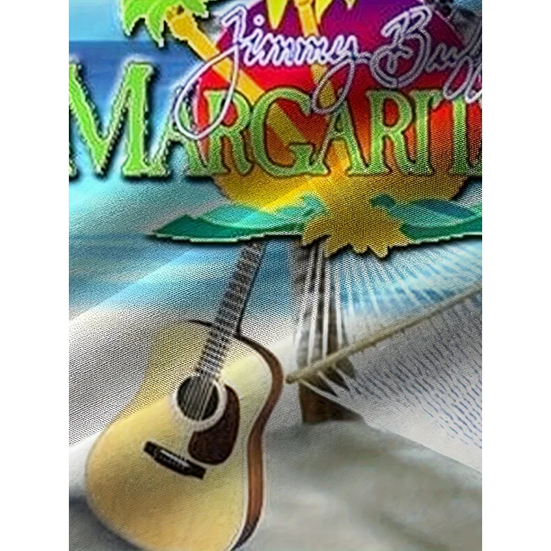 Beach And Letter 3D Graphic Print Men's Fashion Short Sleeve Lapel Hawaiian Shirt, Summer Holiday Top