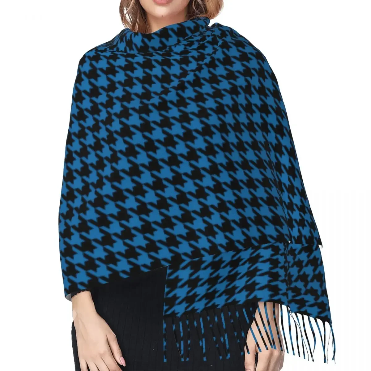 Custom Dames Lange Mode Blauwe Houndstooth Geruit Patroon Sjaals Vrouwen Winter Herfst Zacht Warm Kwast Sjaal Wrap Morden Sjaal