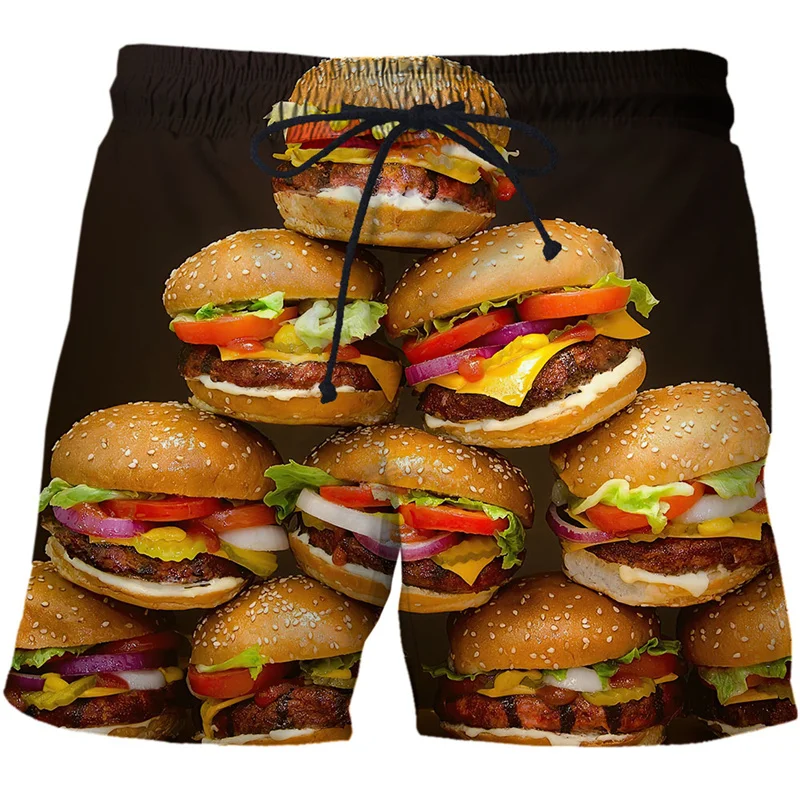 Hamburger Pizza Graphic Board Shorts Men 3D Print Fast Food Hawaii Beach Shorts Fashion Hip Hop Streetwear Cool Surf Swim Trunks