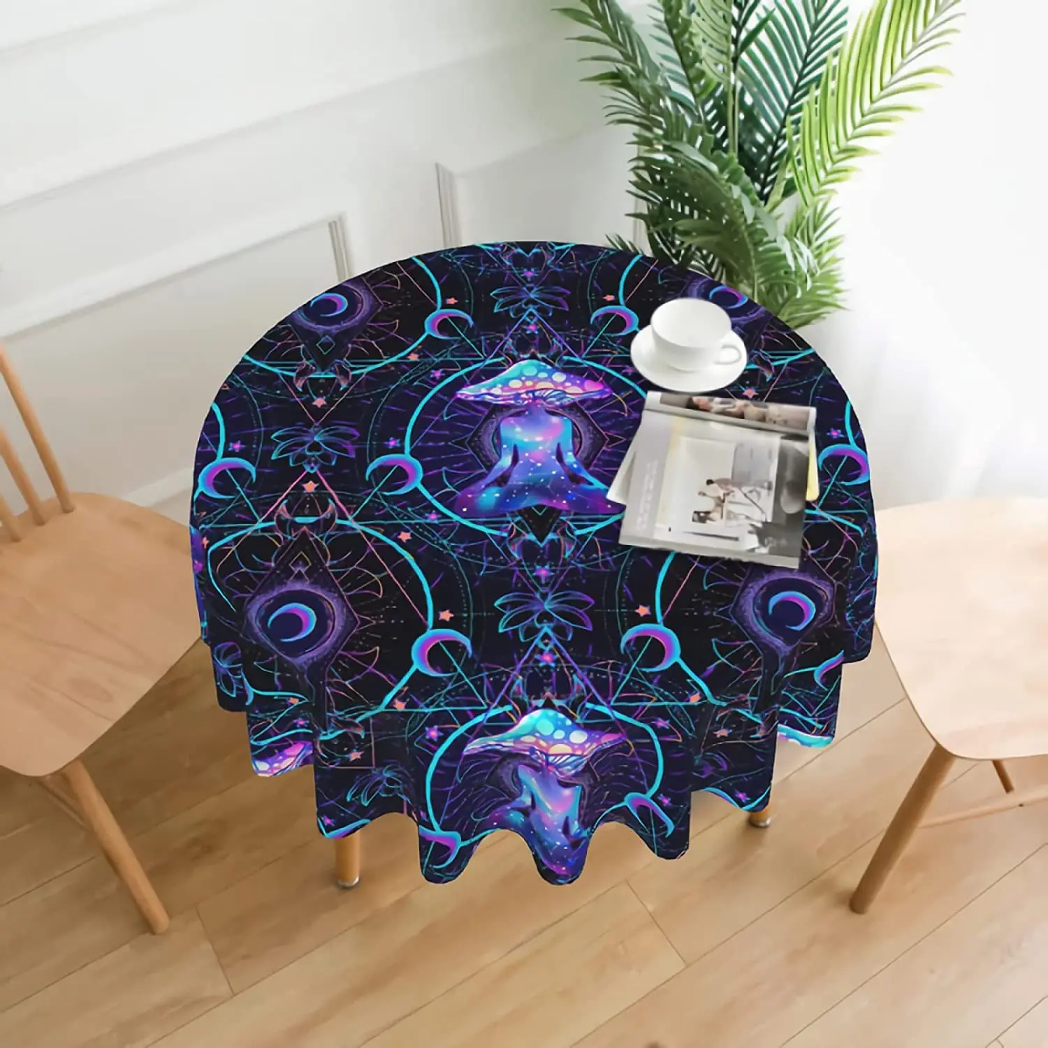 

Magic Mushroom Round Table Cloth 60 Inch Bohemian Mandala Chakra Yoga Meditation Boho Washable Wrinkle Table Cover Tablecloth