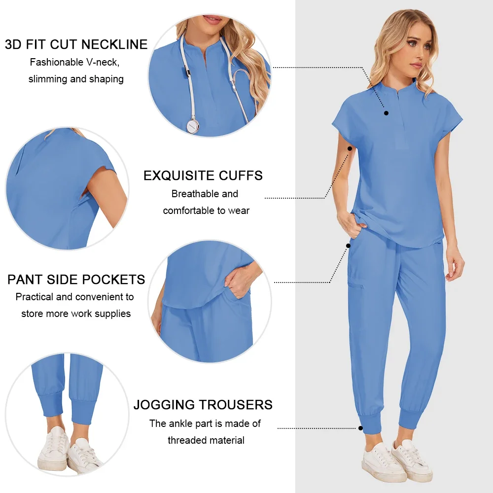 Verpleegkundige Accessoires Medische Scrubs Uniform Set Verpleegster Ziekenhuis Uniform Stretch Scrub Tops Korte Mouw Vrouwen Jogger Scrubs Pak